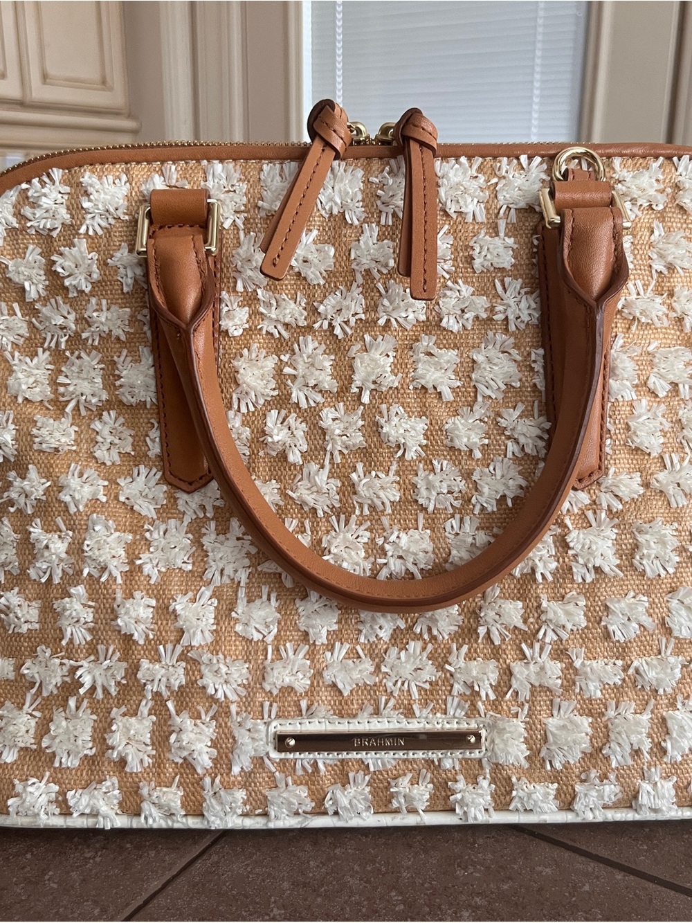 Authentic Brahmin Straw & Fringe Dome Satchel Bag w/ Croc-Embossed Leather Base